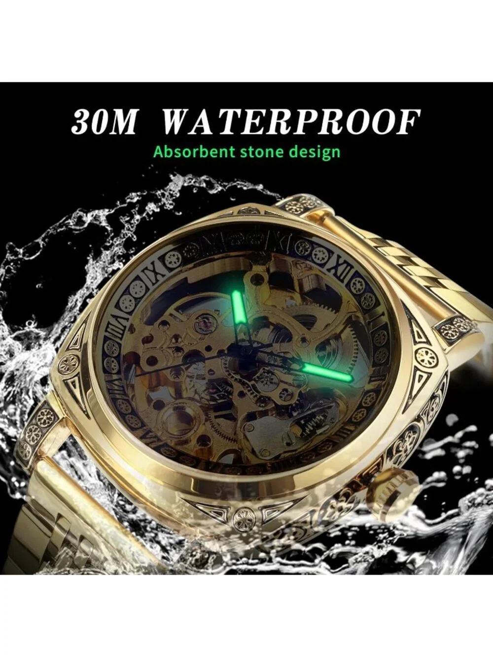 Mens All Gold Square Mechanical Stainless Steel Self-Wind Carved Automatic Watch